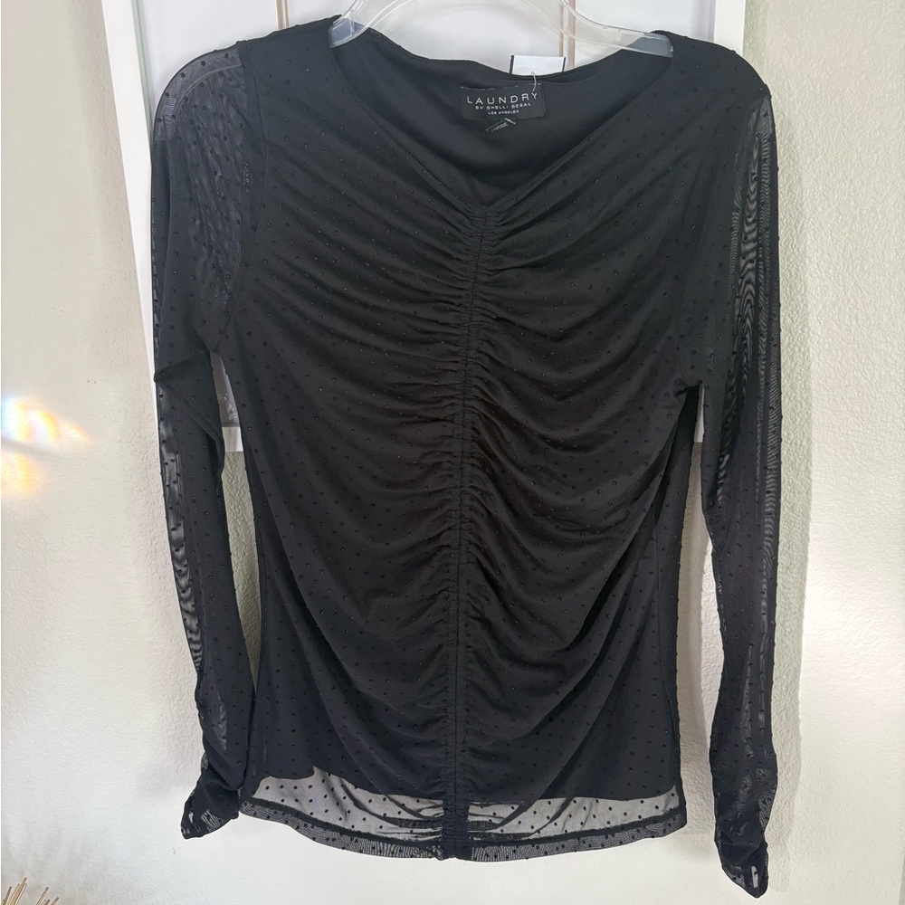 Laundry By Shelli Segal Black Ruched Blouse with Sheer Sleeves